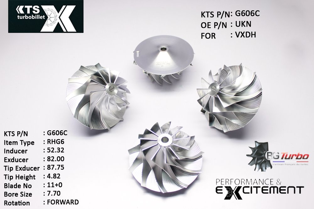 Turbo ROUE FORGÉE MFS PERFORMANCE - 11+0 PALES - INDUCER : 52,32 - EXDUCER : 82 - TYPE : RHG6ANGLE : 60° - ROTATION : Forward - SUPER BACK : 7,57 - BORE SIZE : 7,7
